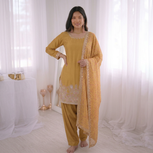 Women's Mustard Yellow Salwar Kameez Set Pure Heavy Viscose Velvet Traditional Regular Fit <b>Ankle</b>-Length Party Diwali Casual Wear - Product Image 1