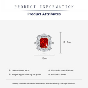 Ensemble de bijoux pour femmes, collier et bagues en cuivre rectangulaires 10*14 mm, sertis de zirconiums cubiques rouges. - Product Image 3