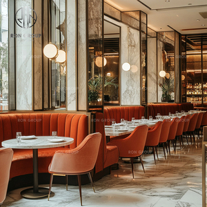 Juego de Muebles Modernos para Cafetería, Restaurante, Sofá de Terciopelo Naranja con Respaldo Acolchado y Mesas Cuadradas con Tapa de Mármol - Product Image 6