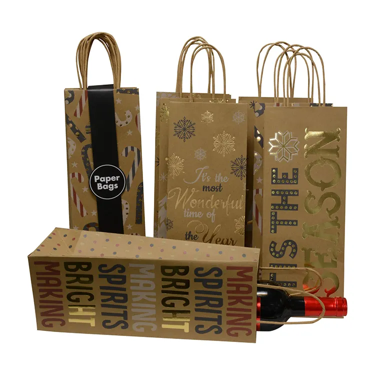 Tùy Chỉnh Logo Mua Sắm Bao Bì Glitter Wine Kraft Brown Paper Số Lượng Nhỏ Mini Quà Tặng Giáng Sinh Túi Với Số Lượng Lớn Với Xử Lý