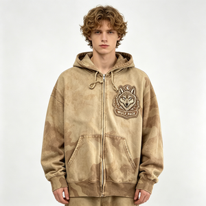 Felpa con cappuccio pesante mimetica con zip, grafica Wolf Pack, effetto distressed, streetwear, da uomo, lavaggio vintage, in cotone felpato, giacca di marca, top - Product Image 2