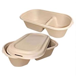 Oil Resistant 950Ml -2 Compartment Sugarcane Bagasse Lunch Box Biodegradable <b>Disposable</b> Food Container for Outdoor <b>Barbecue</b> - Product Image 2