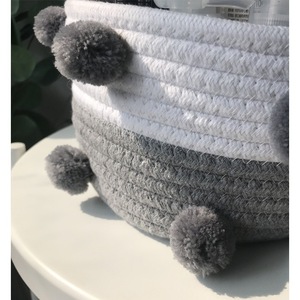 Cotton Rope Woven Storage <b>Basket</b> Rectangle Handmade Desktop Organizer Gray PomPom Decor - Product Image 3