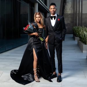 Vestido de cóctel Aso Ebi con apliques negros de sirena, vestidos de fiesta de cumpleaños sexis divididos sin tirantes, corsé, tren de barrido sin espalda personalizado - Product Image 1