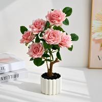 Tanaman Pot Bunga Mawar Buatan, Bonsai Mawar Palsu dengan Pot Putih untuk Dekorasi Meja Rumah
