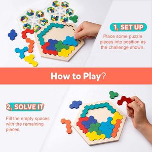 Puzzle hexagonal en bois pour enfants et adultes - Bloc de formes géométriques Tangram, casse-tête, jeu de logique et d'intelligence - Product Image 4