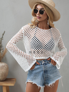 Carnaval Plage Vêtements Femmes D'été <span class=keywords><strong>Crochet</strong></span> Évider À Manches Longues Ras Du Cou Maillot De Bain Maille Couvrir Tunique Top Fabricants - Product Image 4