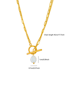 Collar de Perlas Barrocas Chapado <span class=keywords><strong>en</strong></span> <span class=keywords><strong>Oro</strong></span> de 18K, <span class=keywords><strong>Cadena</strong></span> <span class=keywords><strong>Cubana</strong></span> de Doble Capa de Acero Inoxidable con Cierre de Hebilla, Joyería de Moda - Product Image 4