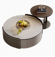 Ensemble de tables basses rondes de luxe léger, style italien, en cuir de selle et dalle de roche, tables basses gigognes extensibles pour salon