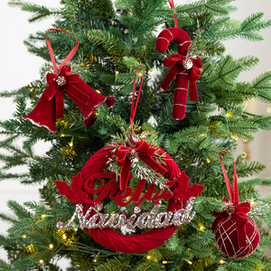 Red Flocked Christmas Wreath Ornaments Set Velvet Bell <b>Candy</b> <b>Cane</b> Bow Hanging Decor for Christmas Tree Door Holiday - Product Image 5