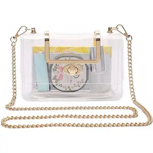 Waterproof PVC Clear Clutch Purse Crossbody See Through Handbag Stadium Approved Gold Chain Shoulder Bag For Women