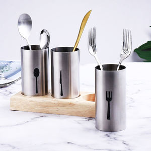 منظم أدوات المائدة من 3 قطع لسطح المطبخ مع قاعدة خشبية، حامل أدوات الطعام من الفولاذ المقاوم للصدأ 304 - Product Image 3