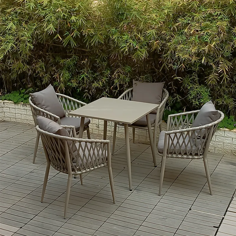 Çağdaş tasarım halat dokuma alüminyum açık istiflenebilir halat sandalyeler bahçe hasır veranda mobilya dokuma halat boş sandalye