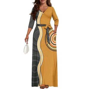 Gaun pesta malam wanita mewah elegan bergaya lukisan titik aborigin kustom Moq=1 dengan kerah V panjang, cetak sesuai permintaan - Product Image 2