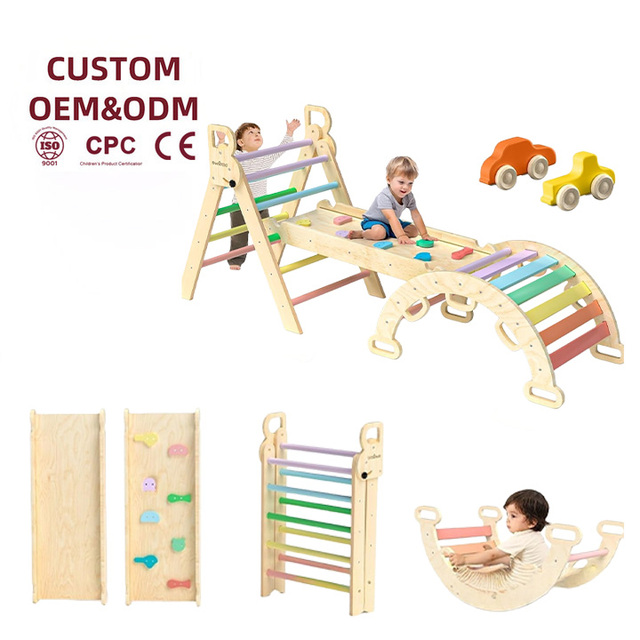 ZONGMAO 7in1 Foldable Montessori Climbing Set for Toddlers Blue Wooden Indoor Jungle Gym with Geometric Shape Ages 4-12 Unisex