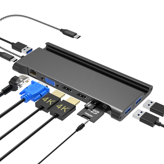 11 in 1 Type C to hdmi Usb Vga Ethernet USB 3.0 PD Docking Station Stand Hub With Audio and Sd Tf Card for Mobile Phone Holder