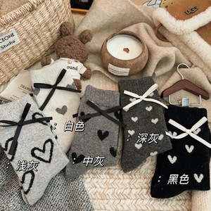 Women's Mid-Calf Heart Pattern Socks With Bow Knit Thick Warm Plush <b>Lounge</b> Socks For Autumn Winter Gray Black Color - Product Image 2
