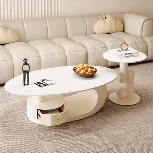 Modern Cream Wind Living Room Tea <strong>Table</strong> Combination Oval Coffee <strong>Table</strong> and <strong>Side</strong> <strong>Table</strong> <strong>Set</strong> with Marble Top and Metal Frame - Product Image 1