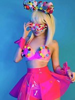 Ensemble jupe mini en polyester couleur bonbon avec pompons et bandeau oreilles de Mickey - Costume de danseuse pour scène, boîte de nuit, bar Gogo pour adulte
