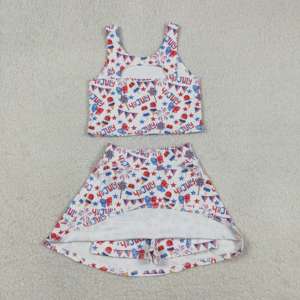 <span class=keywords><strong>Tenue</strong></span> décontractée athlétique pour filles, motif drapeau américain 4 juillet, avec débardeur, jupe-short et short de yoga pour enfants - Product Image 5