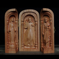 Statue de la Sainte Famille en bois de cerisier, triptyque, ornement religieux catholique en bois pliable, décoration de bureau chrétienne sacrée