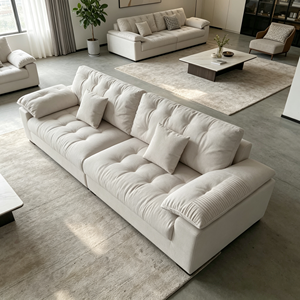 Canapé moderne en tissu capitonné en forme de L, trois places, avec accoudoirs rembourrés, pieds en bois, design minimaliste scandinave, meubles de salon - Product Image 6