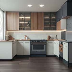 Ensemble complet de cuisine moderne en couleur crème avec armoire modulaire, panier de rangement et électroménager complet - Product Image 4