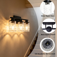 Lampe murale de salle de bain à 3 lumières, finition noire, verre ondulé, éclairage moderne pour miroir de maquillage, en stock aux États-Unis