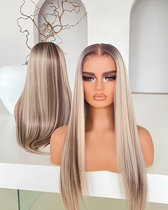 Parrucche con Frontale in Pizzo di <span class=keywords><strong>Capelli</strong></span> Umani per Donne, con Riflessi Grigio Cenere, Biondo e Marrone, Lisce, con Frontale in Pizzo Trasparente 13x4, Lunghezza 10-24 Pollici - Product Image 4