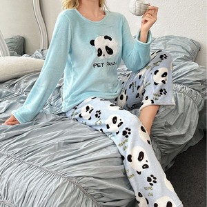 <span class=keywords><strong>Pigiama</strong></span> da donna in flanella termica ricamato con motivo <span class=keywords><strong>panda</strong></span>, autunno/inverno, maniche lunghe e pantaloni, dolce e semplice per la casa - Product Image 1