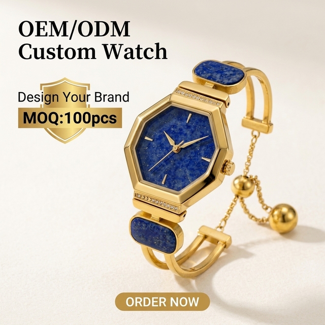 Vintage Hexagon Natural Marble Stainless Steel Ladies Watch Full Gold Frame Bracelet Luxury Bohemian Dress Waterproof Wristwatch