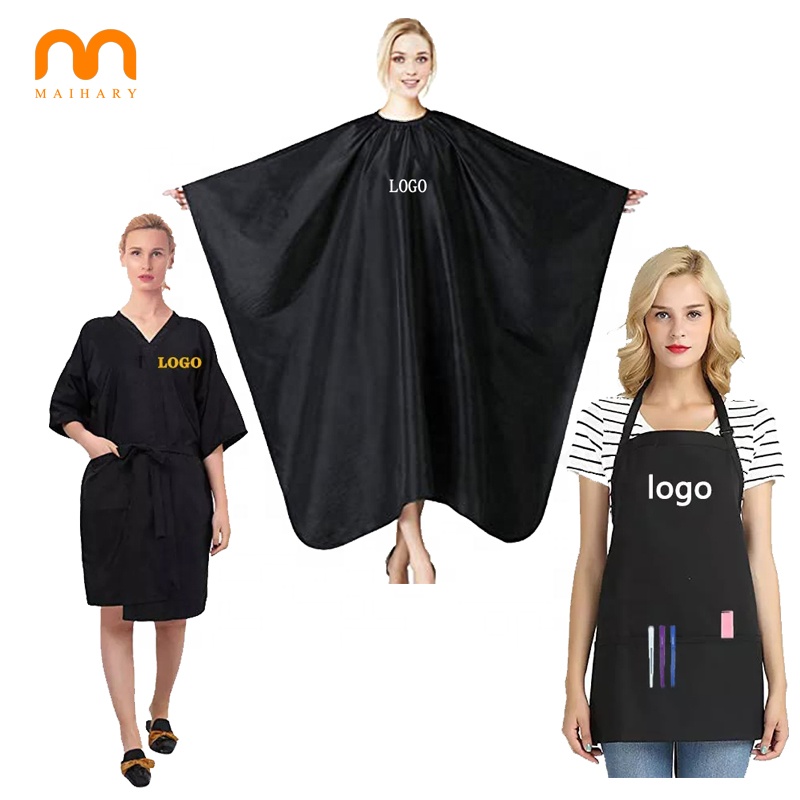 Benutzer definierte Logo schwarz Friseursalon Haars ch neiden Make-up Haarschnitt Friseur Cape Schürze Kimono Kleid