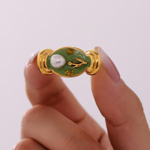 Anillo de Acero Inoxidable para Mujer con Perla Barroca y Diseño de Rueda de la Fortuna, Serie de Joyería con Galvanoplastia y Pintura al Óleo Floral, Diseño de Nicho, Venta al por Mayor - Product Image 6