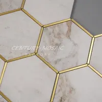Glorious White Brass Edging Marble Hexagon Mosaic Tile