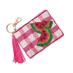 Pochette rectangulaire à motif pastèque perlé avec fermeture éclair à pompon, faite à la main, style mignon, pour usage quotidien, perles de verre - Product Image 1
