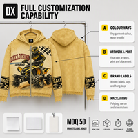 Sweat-shirt à capuche entièrement zippé jaune délavé personnalisé 360 g/m² avec capuche cloutée, motif course ATV, ourlet et poignets effilochés, style streetwear OEM ODM