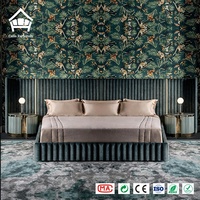 Ensemble de lit King Size de luxe en velours, tête de lit capitonnée bleu sarcelle avec LED, meubles sur mesure tout-en-un, table de chevet cannelée pour villa et hôtel
