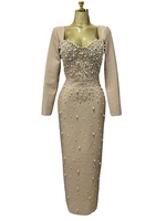 Robe de soirée élégante de haute qualité à taille empire, ornée de perles et de strass, luxueuse, à manches longues, moulante, pour occasions formelles et glamour