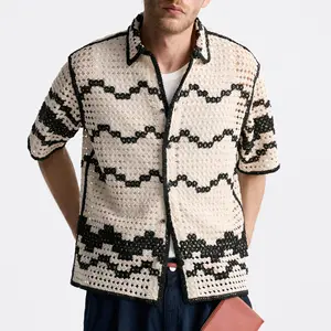 Custom Loose Button Mesh Striped Hollow Out Crochet Sweater Short Sleeve Polo Knit Cardigan Shirt Men Summer jacquard Polo Neck