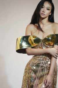 Concert <b>Performance</b> Costume Off Te Soulder Gold Sequin Sparkly Mes Sey Dress <b>Wear</b> Party Club Dresses - Product Image 2
