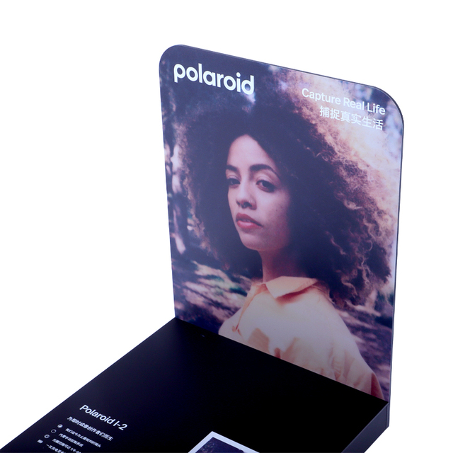 Four-color UV-printed Black Matte Factory-customize Detachable Transport High-end Acrylic Camera Product Display Stand for Store