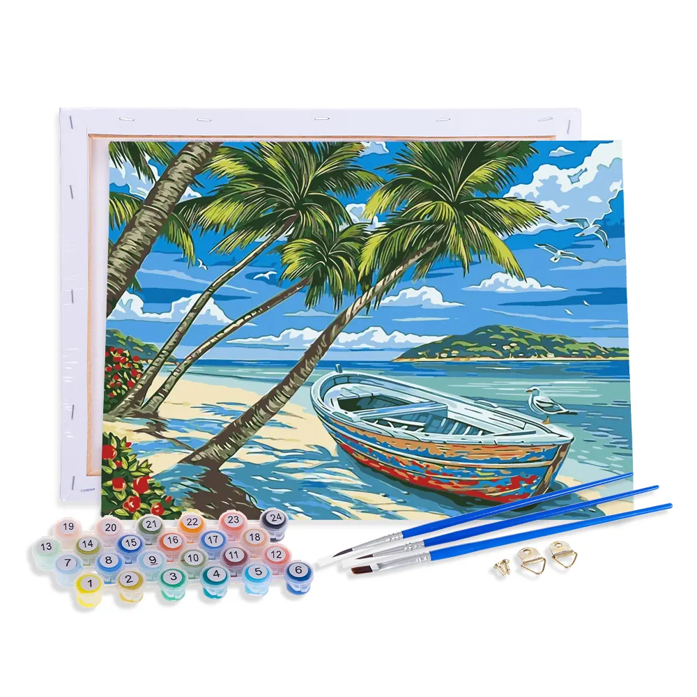 AOVIA Oil Painting By Number Beach DIY HandPainted Picture Tree Scenery Drawing on Canvas Boat Craft Gift