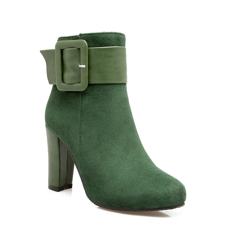 Hot Selling Round Toe Green Women Boots Plus Size Slip On Formal Shoes Winter Outdoor Buckle Thick Heel Zipper Women Ankle Boots