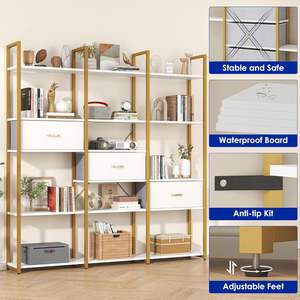 Étagères de présentation ouvertes dorées pour bureau à domicile <span class=keywords><strong>Etagere</strong></span> Triple Wide Shelf Book Case Tall Bookshelf 3 Drawers Storage Shelves Bookcase - Product Image 2