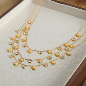 18K Gold Stainless Steel Double Layer Shell and Round Zircon Disc Classic <b>Choker</b> Necklace | Hypoallergenic Waterproof Design - Product Image 4