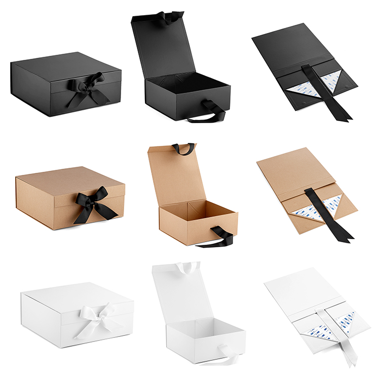 Custom Logo Luxury Black Folding Rigid Cardboard Paper Packaging Magnetic Closure Ribbon Gift Box