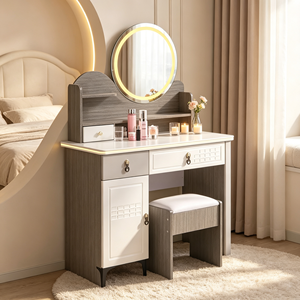 Modern Makeup Vanity <b>With</b> Lighted Round Mirror Storage <b>Drawers</b> And Cabinet Bedroom <b>Dressing</b> <b>Table</b> <b>With</b> Stool - Product Image 4