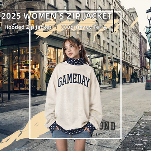 Chaqueta con capucha y cremallera bordada de cuello medio alto para mujer, nueva colección 2025, otoño/invierno, peso pesado 330g, tejido de rizo antiarrugas con efecto descargado - Product Image 2