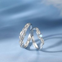 Bague de couple réglable en argent sterling S925 plaqué, motif eucalyptus bleu, oiseau et plume, pierre de lune, pour homme et femme, cadeau pour amoureux