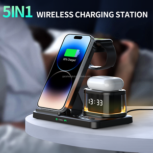 Station de charge sans fil 5-en-1 avec veilleuse LED et réveil, pliable, à charge rapide pour <span class=keywords><strong>iPhone</strong></span> 17 16 15 14, Apple Watch et AirPods - Product Image 1